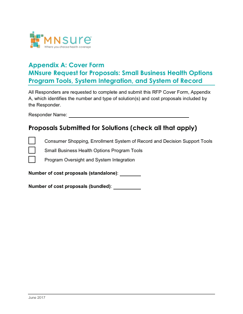 Appendix A Cover Form Mnsure Request for Proposals: Small Business Health Options Program Tools, System Integration, and System of Record - Minnesota