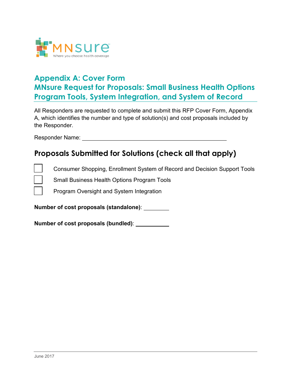 Appendix A Cover Form Mnsure Request for Proposals: Small Business Health Options Program Tools, System Integration, and System of Record - Minnesota, Page 1