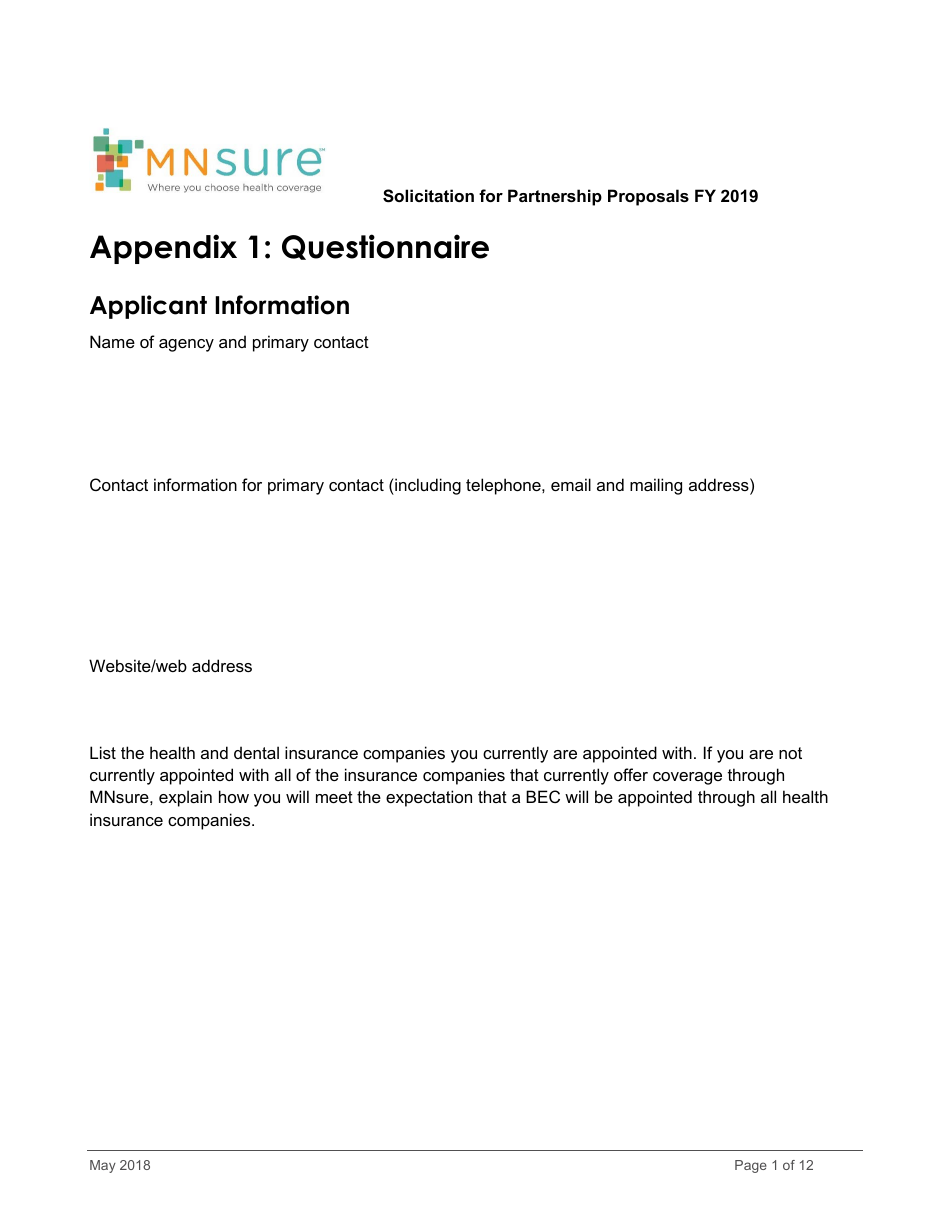 Appendix 1 Questionnaire Form - Mnsure - Minnesota, Page 1