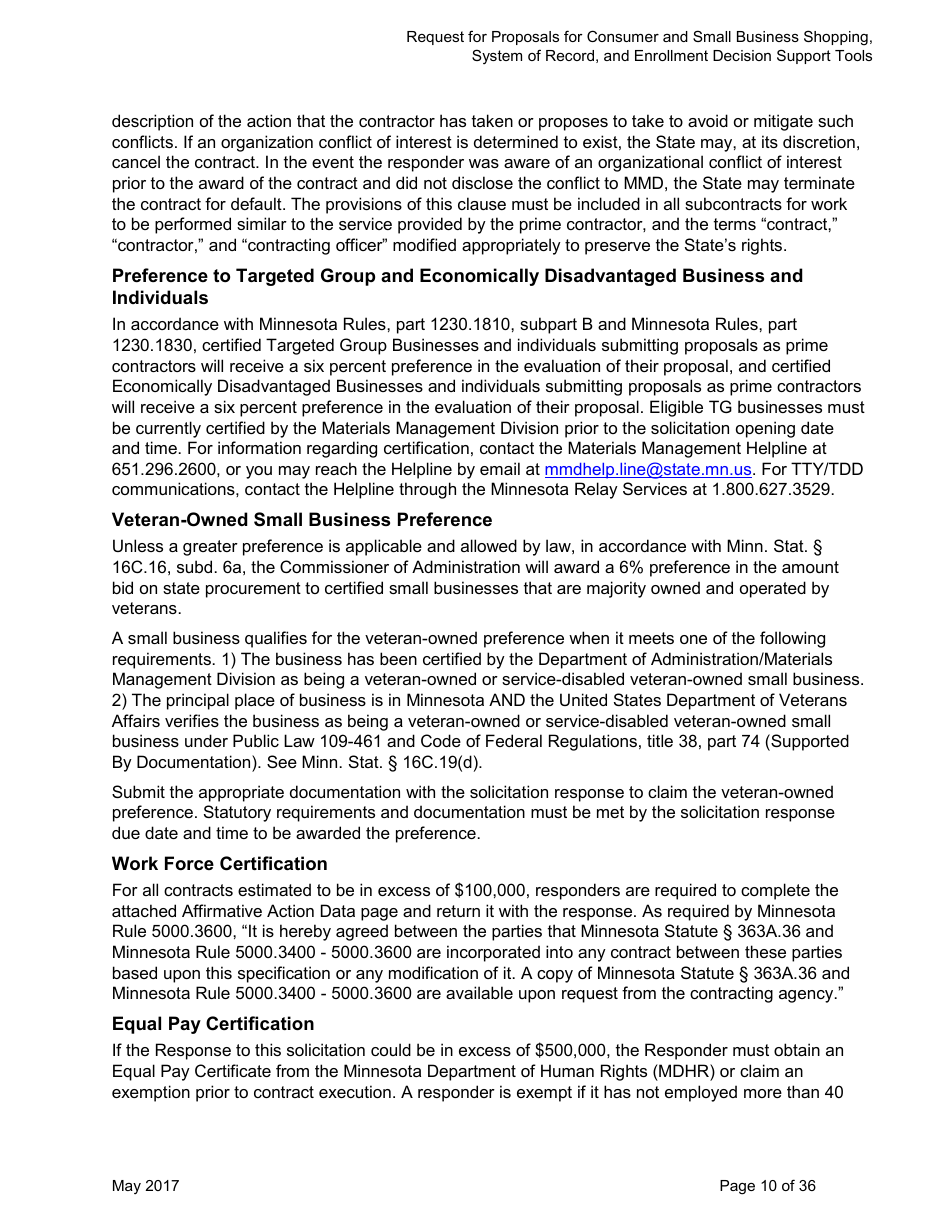Request for Proposals for Consumer and Small Business Shopping, System of Record, and Enrollment Decision Support Tools for Mnsure - Minnesota, Page 10