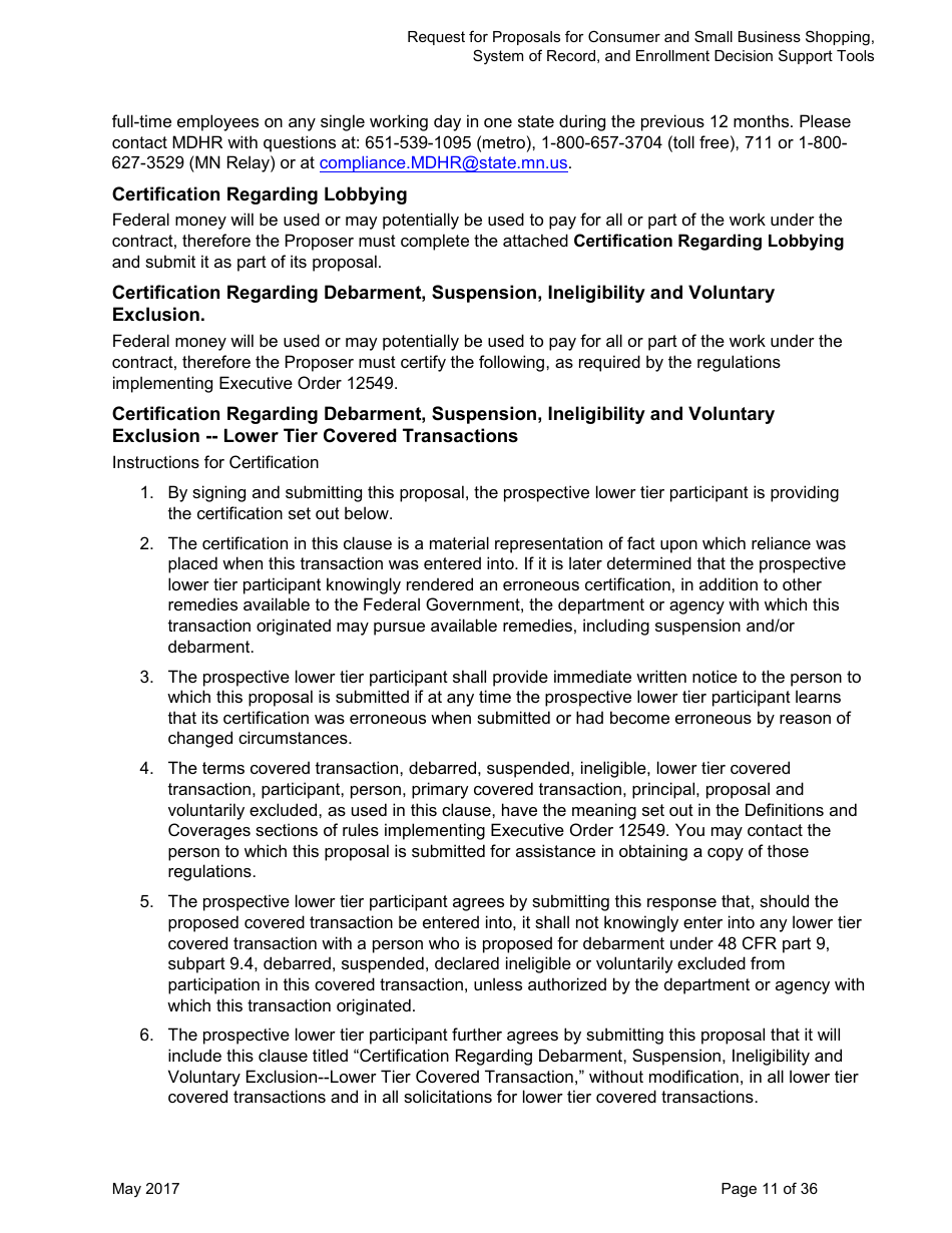 Request for Proposals for Consumer and Small Business Shopping, System of Record, and Enrollment Decision Support Tools for Mnsure - Minnesota, Page 11