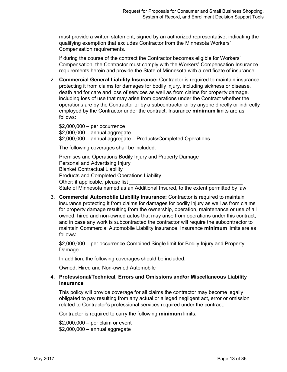Request for Proposals for Consumer and Small Business Shopping, System of Record, and Enrollment Decision Support Tools for Mnsure - Minnesota, Page 13