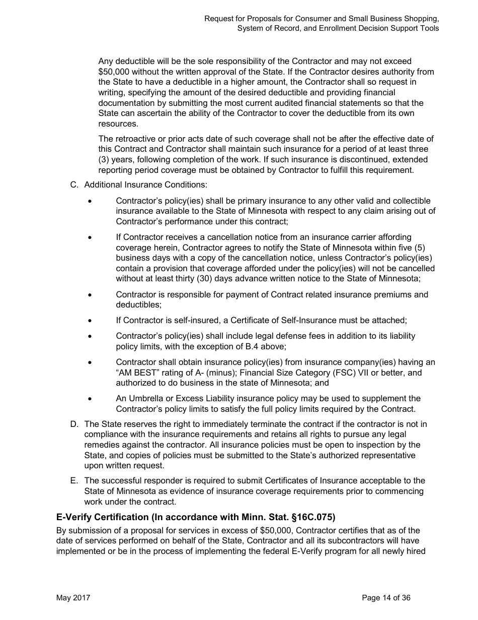 Request for Proposals for Consumer and Small Business Shopping, System of Record, and Enrollment Decision Support Tools for Mnsure - Minnesota, Page 14