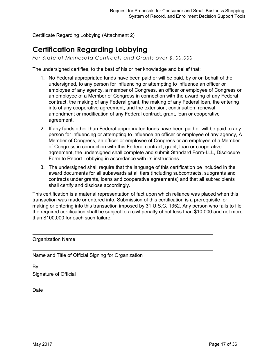 Request for Proposals for Consumer and Small Business Shopping, System of Record, and Enrollment Decision Support Tools for Mnsure - Minnesota, Page 17