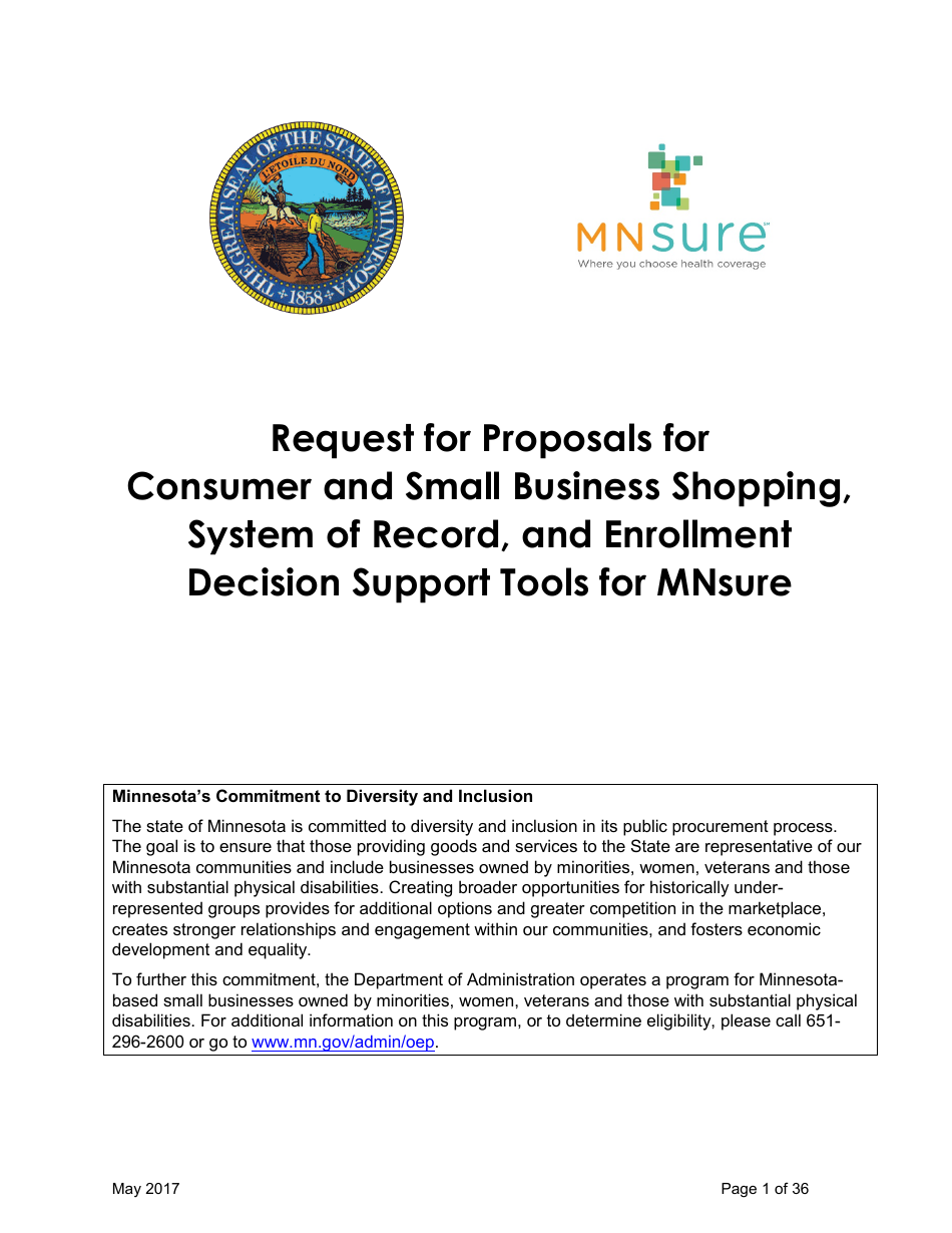 Request for Proposals for Consumer and Small Business Shopping, System of Record, and Enrollment Decision Support Tools for Mnsure - Minnesota, Page 1
