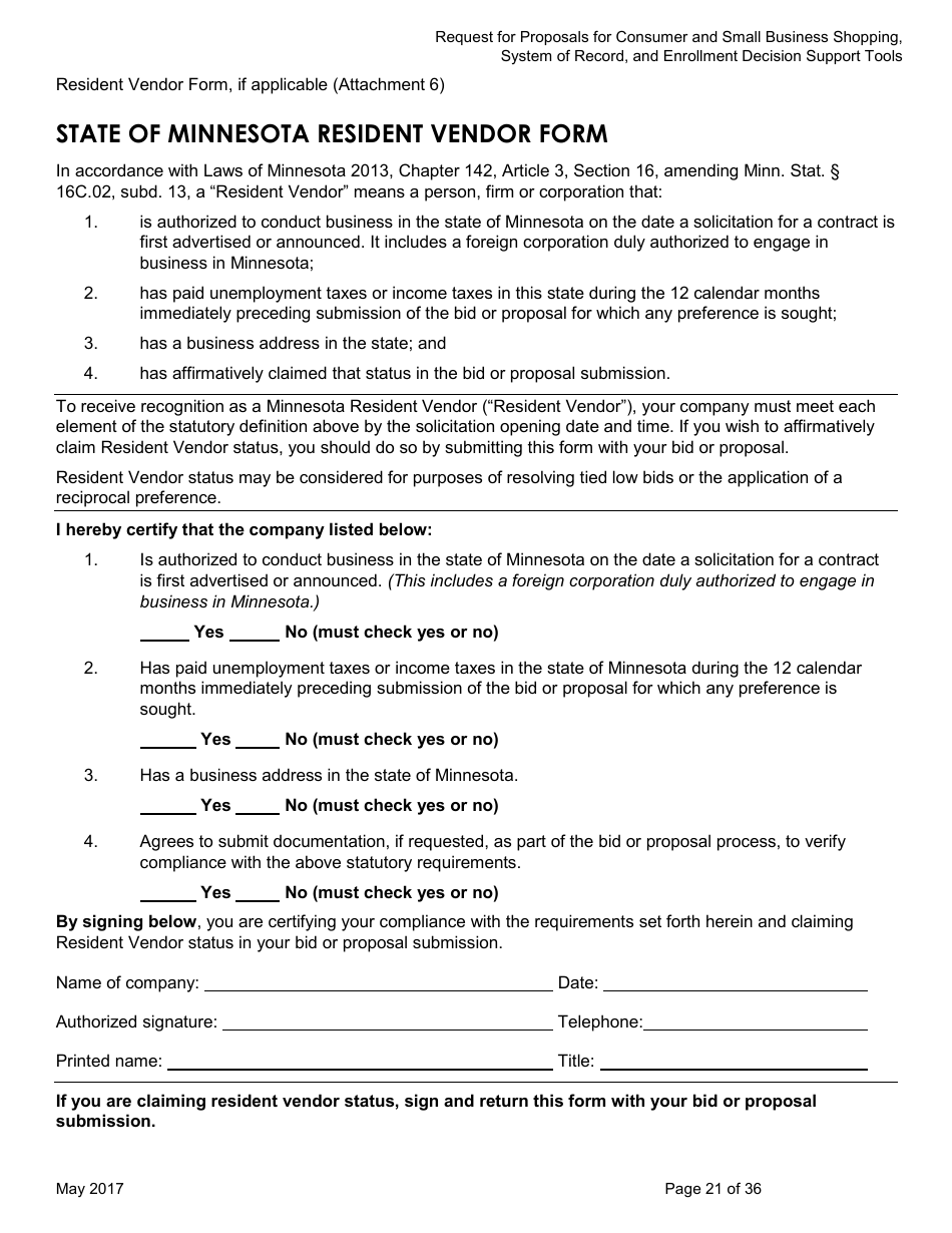 Request for Proposals for Consumer and Small Business Shopping, System of Record, and Enrollment Decision Support Tools for Mnsure - Minnesota, Page 21