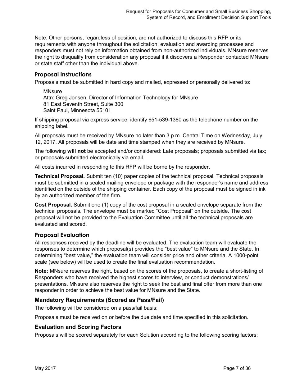 Request for Proposals for Consumer and Small Business Shopping, System of Record, and Enrollment Decision Support Tools for Mnsure - Minnesota, Page 7