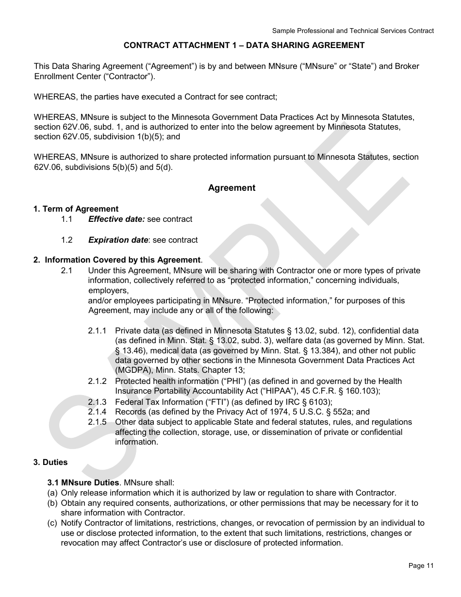 Professional and Technical Services Contract Form - Mnsure - Sample - Minnesota, Page 11