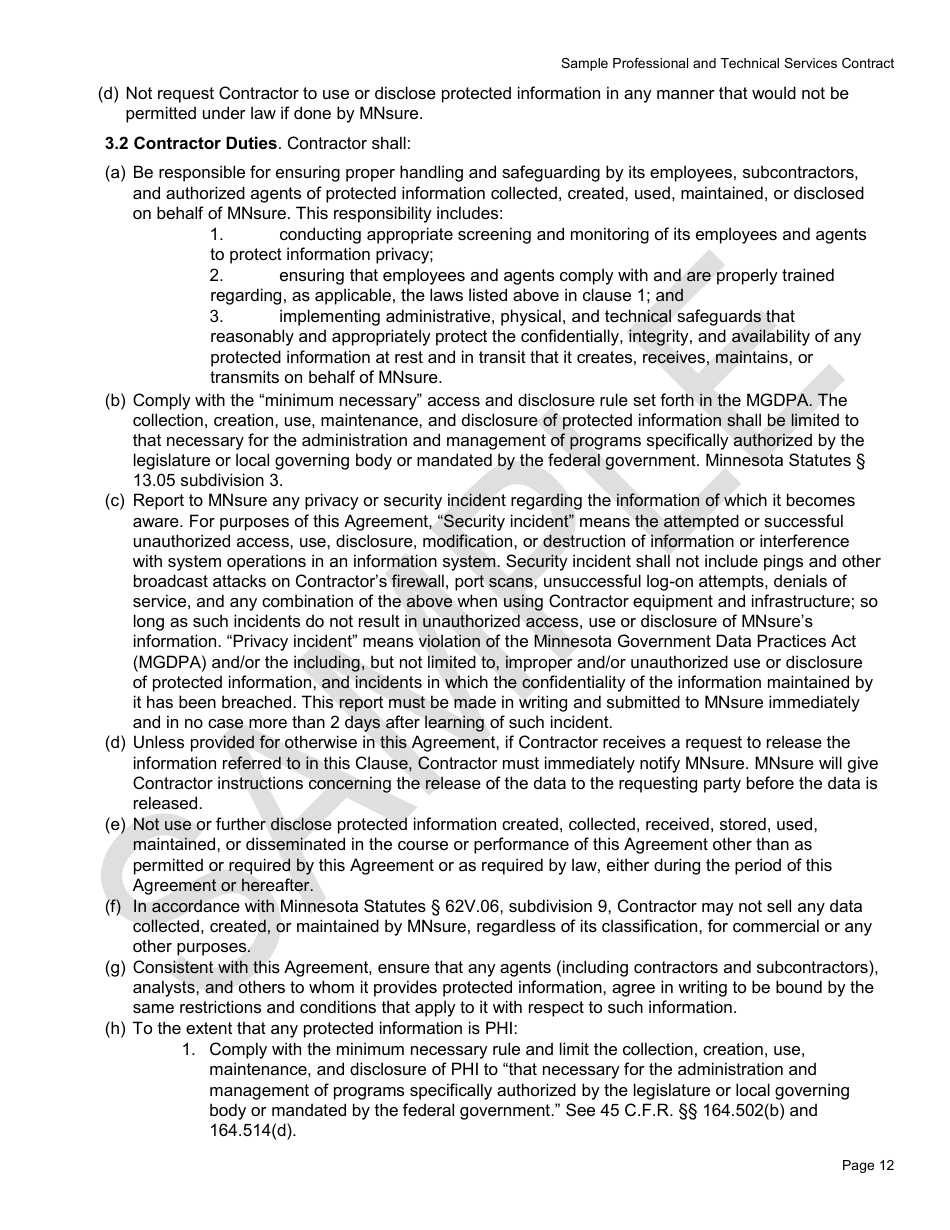 Professional and Technical Services Contract Form - Mnsure - Sample - Minnesota, Page 12
