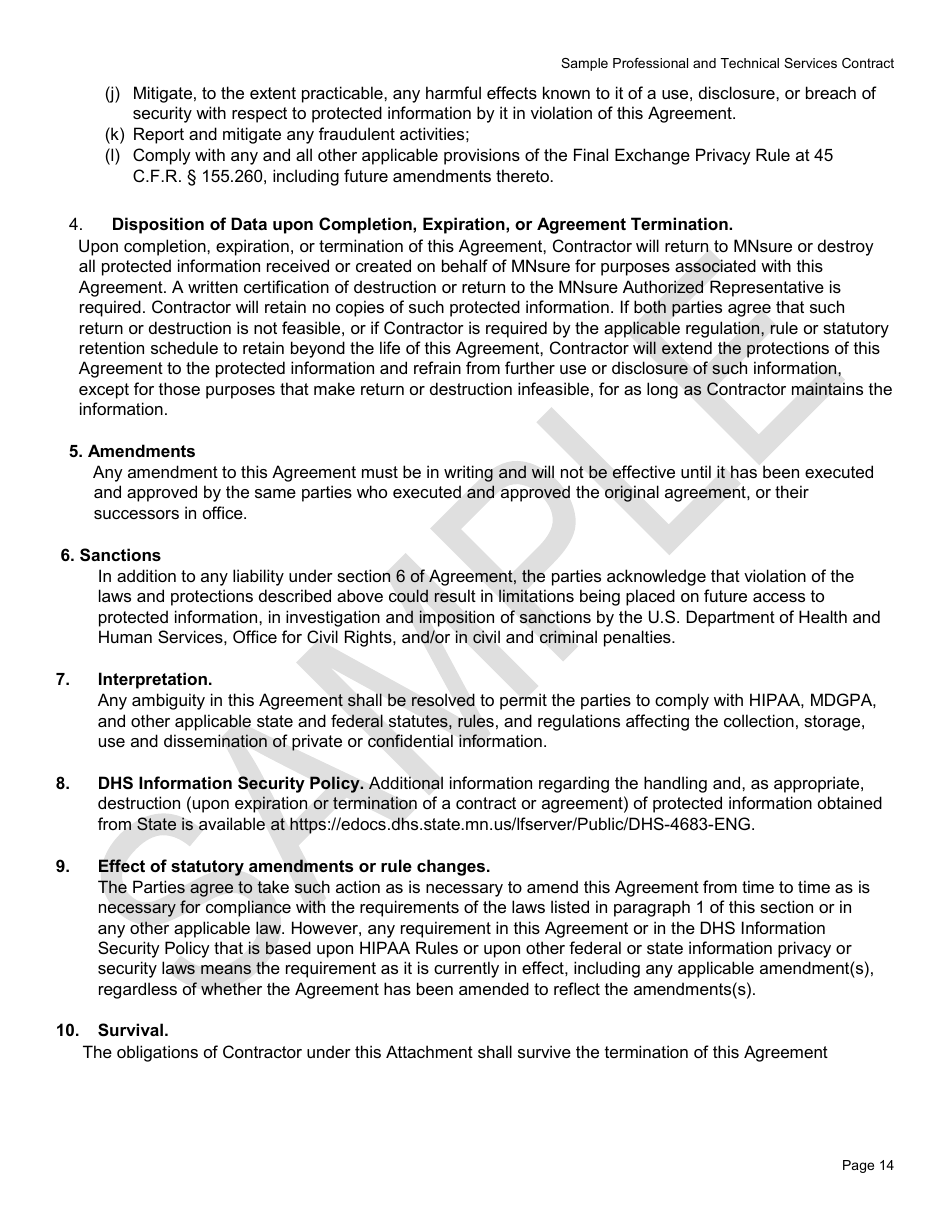 Professional and Technical Services Contract Form - Mnsure - Sample - Minnesota, Page 14