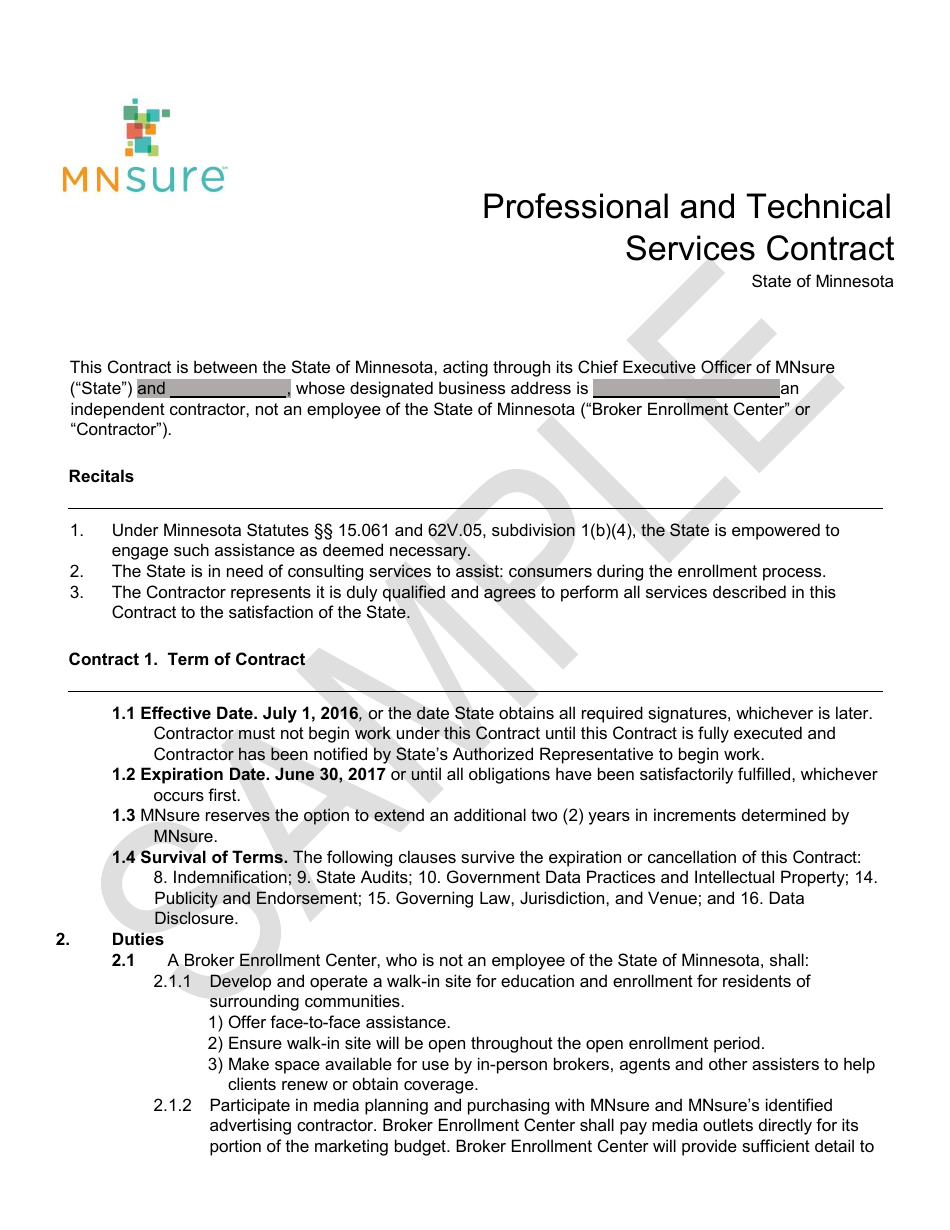 Professional and Technical Services Contract Form - Mnsure - Sample - Minnesota, Page 1