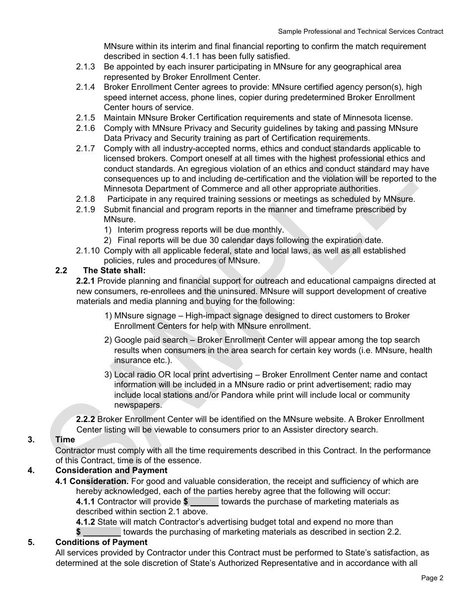 Professional and Technical Services Contract Form - Mnsure - Sample - Minnesota, Page 2
