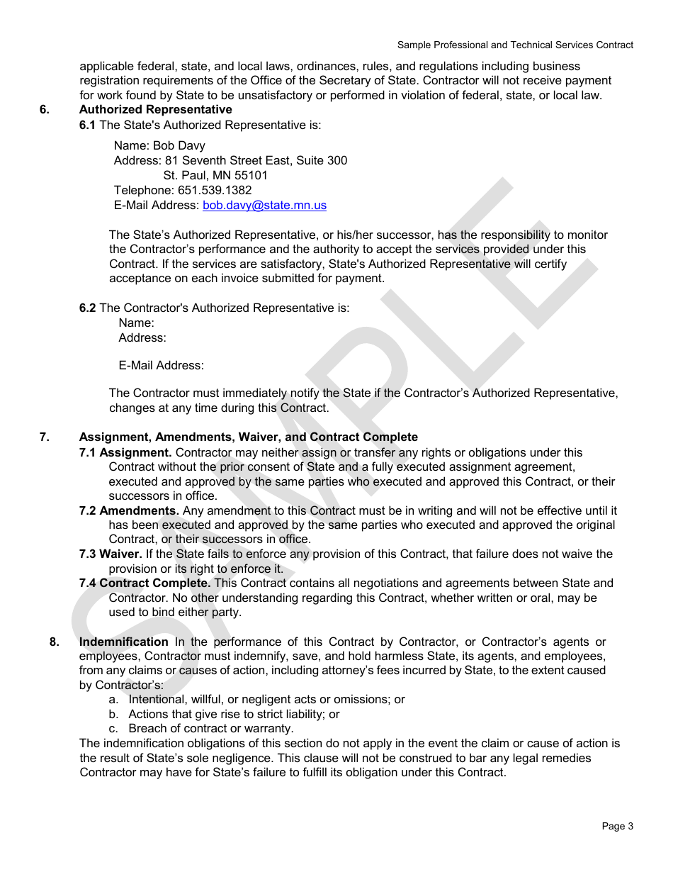 Professional and Technical Services Contract Form - Mnsure - Sample - Minnesota, Page 3