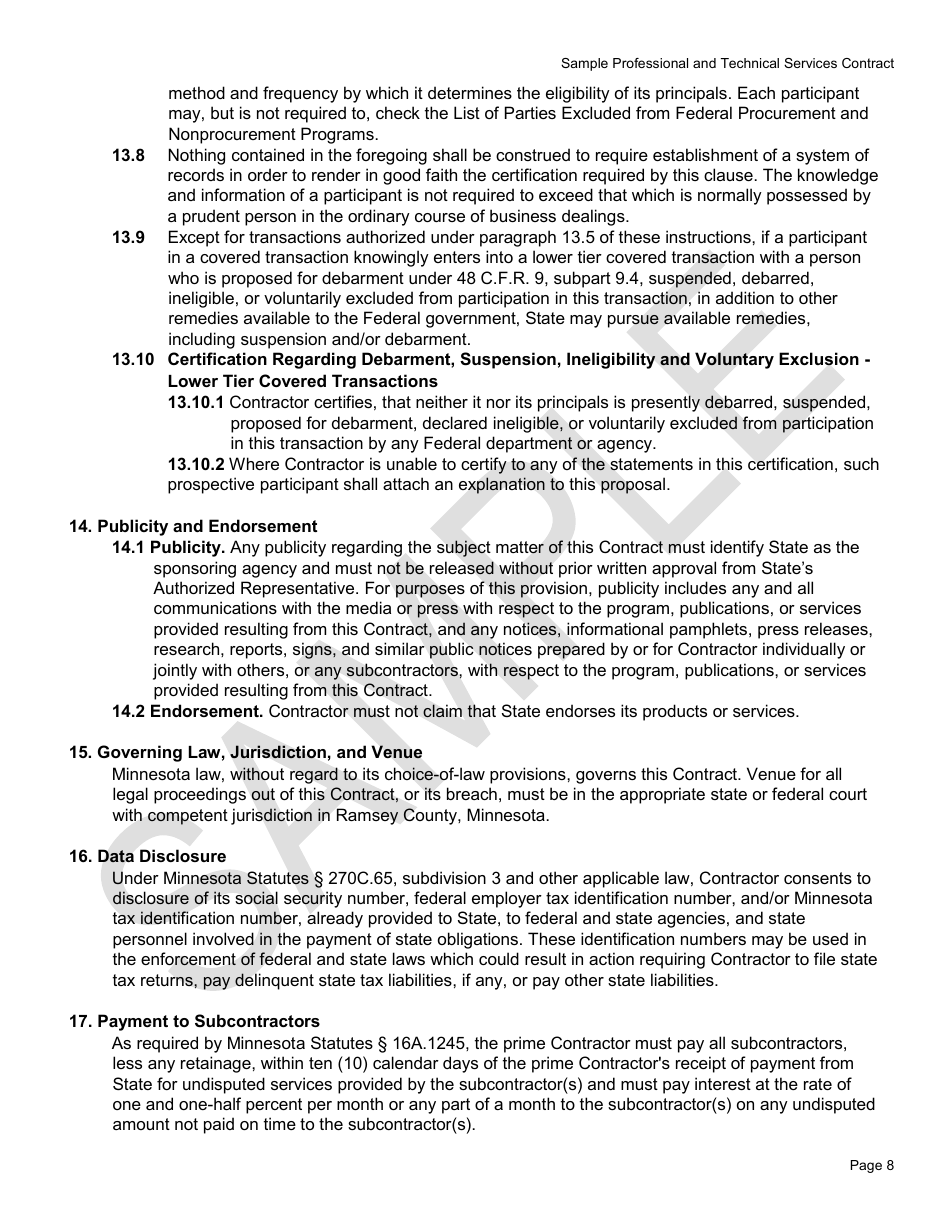 Professional and Technical Services Contract Form - Mnsure - Sample - Minnesota, Page 8