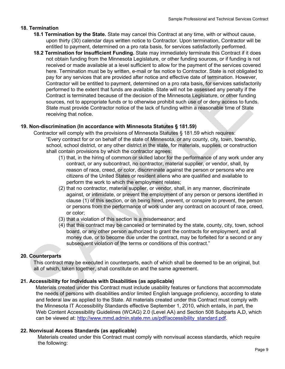 Professional and Technical Services Contract Form - Mnsure - Sample - Minnesota, Page 9