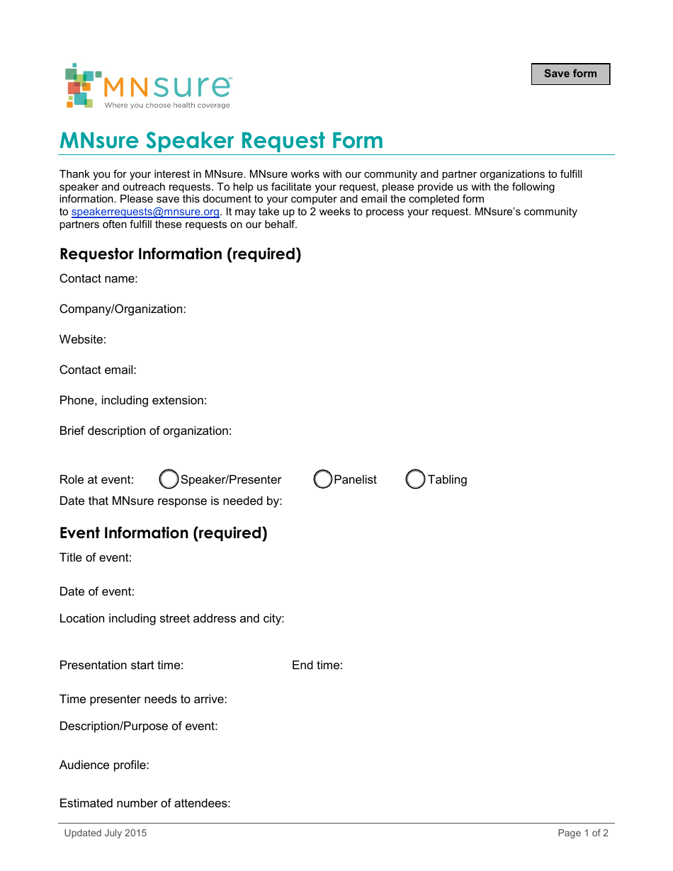 Speaker Request Form - Mnsure - Minnesota, Page 1