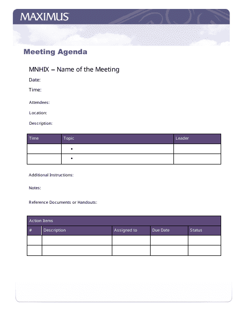 A preview image of a Meeting Agenda Template titled "Maximus