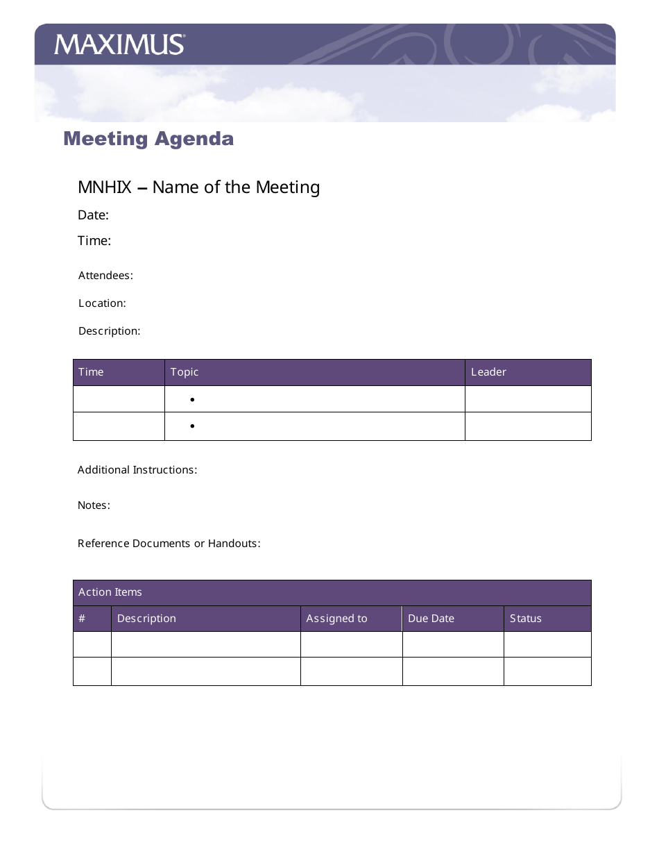 A preview image of a Meeting Agenda Template titled "Maximus