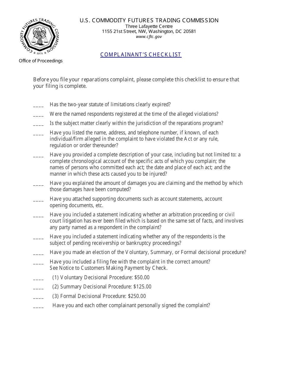 Complaints Checklist Form, Page 1