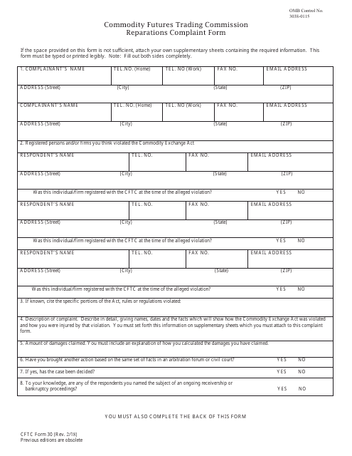 CFTC Form 30 Reparations Complaint Form