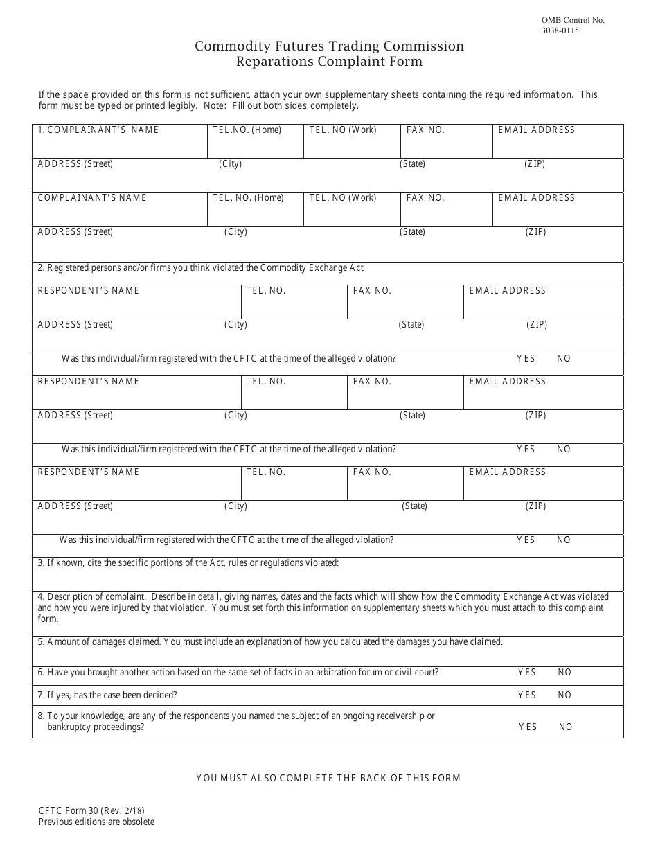 CFTC Form 30 Reparations Complaint Form, Page 1