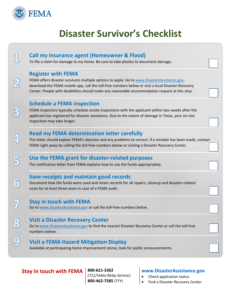 Disaster Survivors Checklist, Page 1