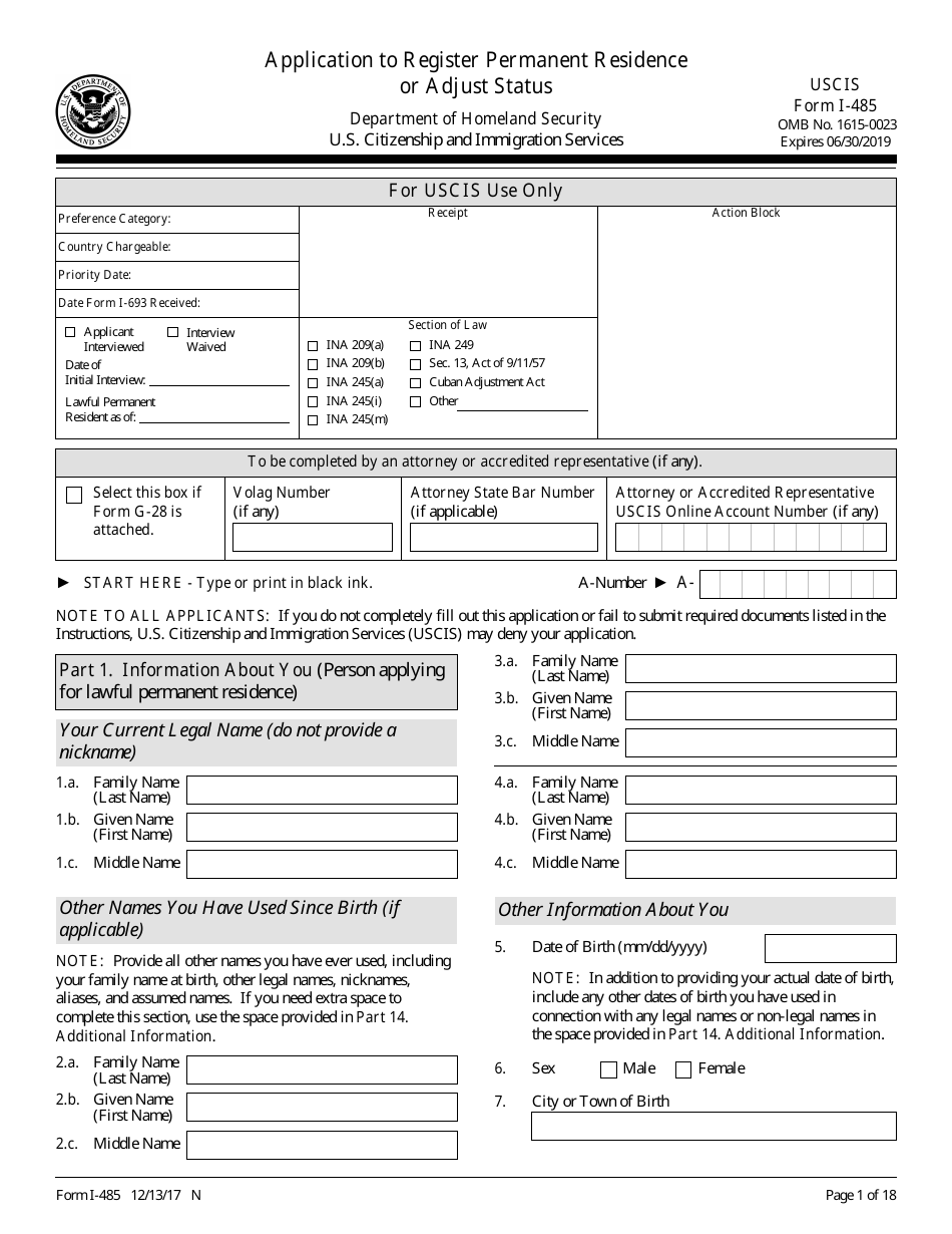 USCIS Form I-485 Application to Register Permanent Residence or Adjust Status, Page 1
