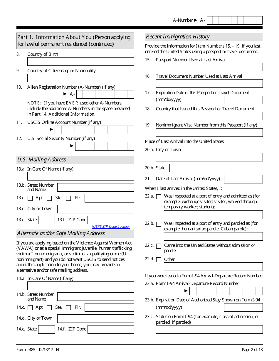 USCIS Form I-485 Application to Register Permanent Residence or Adjust Status, Page 2