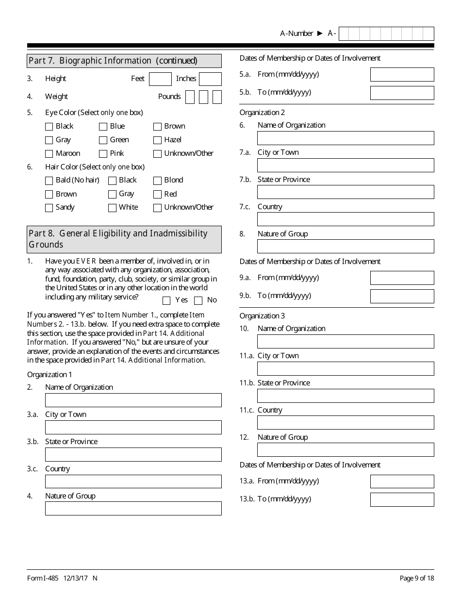 USCIS Form I-485 Application to Register Permanent Residence or Adjust Status, Page 9