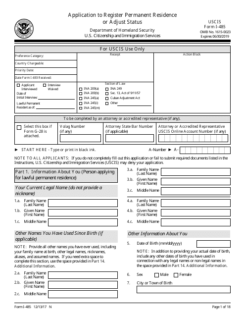 USCIS Form I-485  Printable Pdf