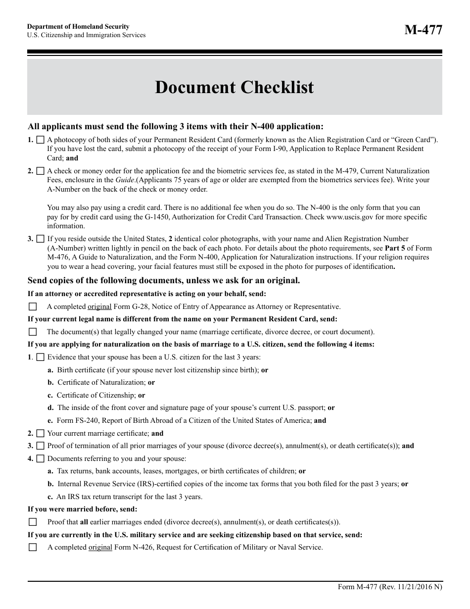USCIS Form M-477 Document Checklist, Page 1