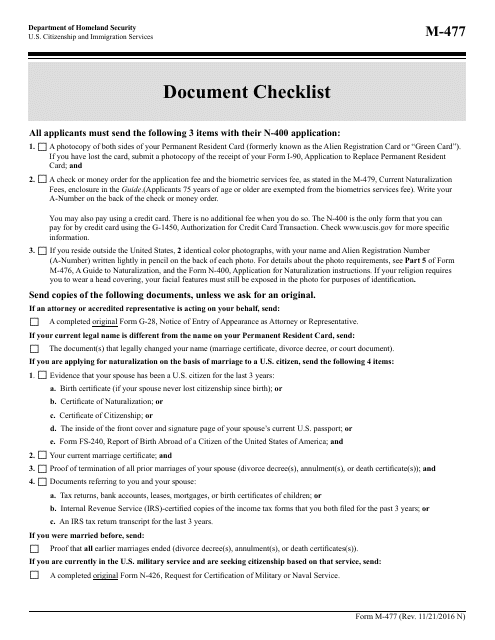 USCIS Form M-477 Document Checklist