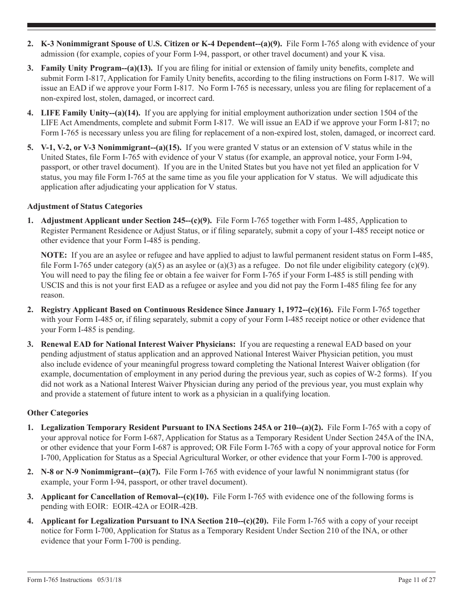 Instructions for USCIS Form I-765 Application for Employment Authorization, Page 11