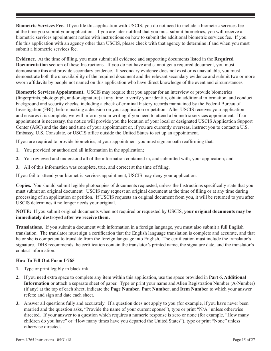 Instructions for USCIS Form I-765 Application for Employment Authorization, Page 15