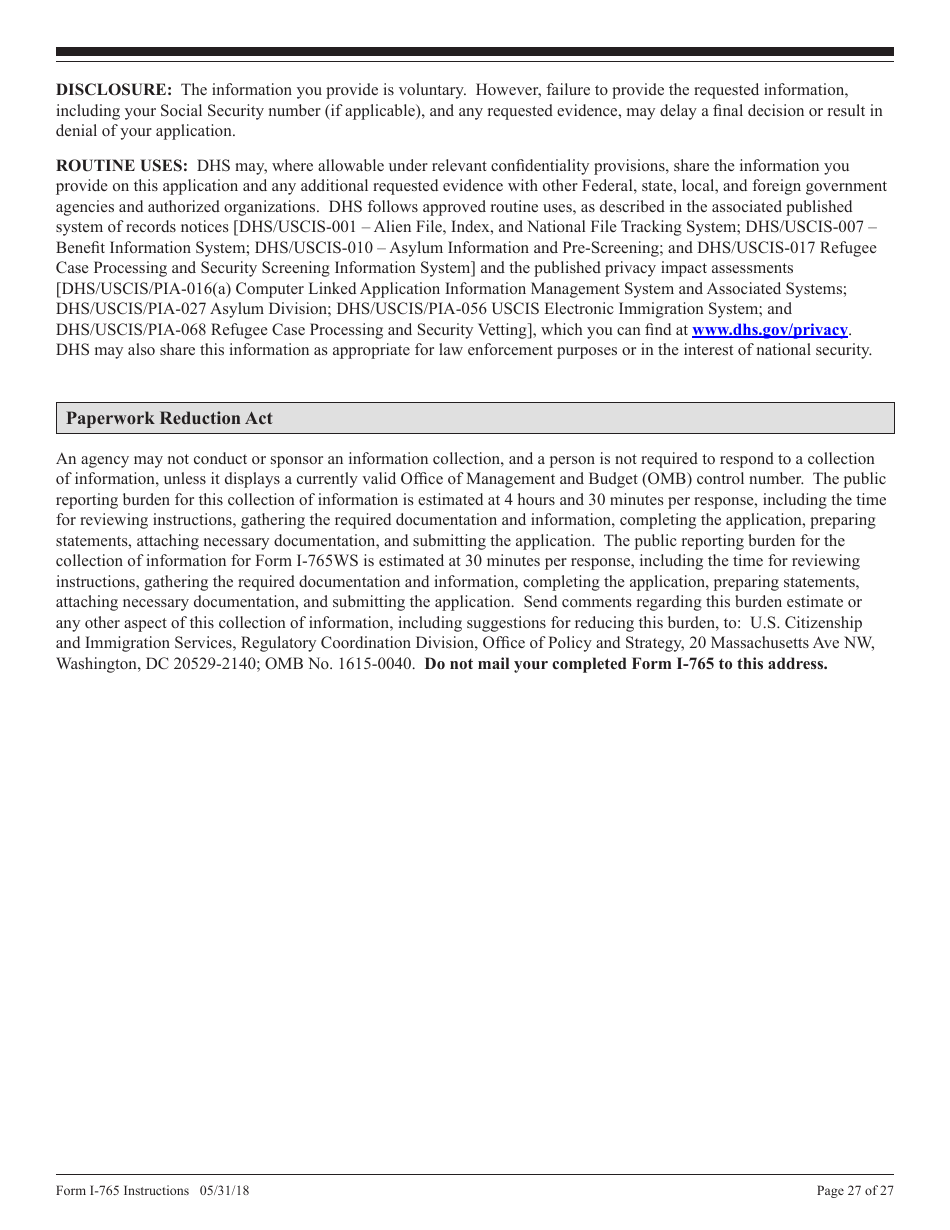 Instructions for USCIS Form I-765 Application for Employment Authorization, Page 27