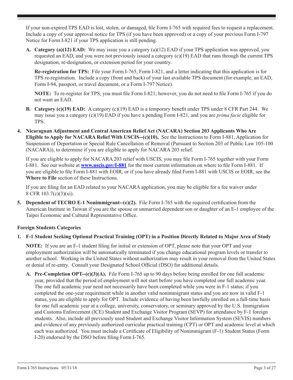 Instructions for USCIS Form I-765 Application for Employment Authorization, Page 3