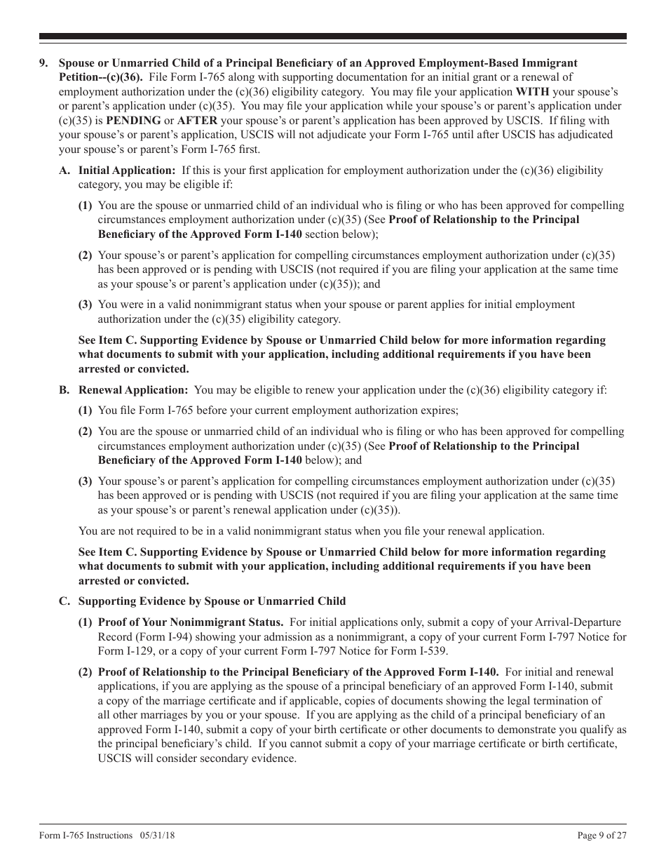 Download Instructions For Uscis Form I 765 Application For Employment Authorization Pdf 8191