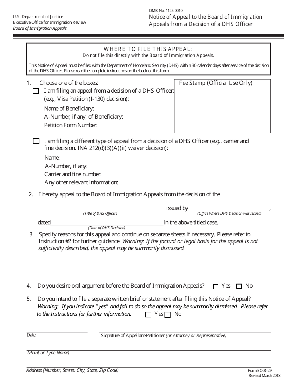 Form EOIR-29 Notice of Appeal to the Board of Immigration Appeals From a Decision of a DHS Officer, Page 1