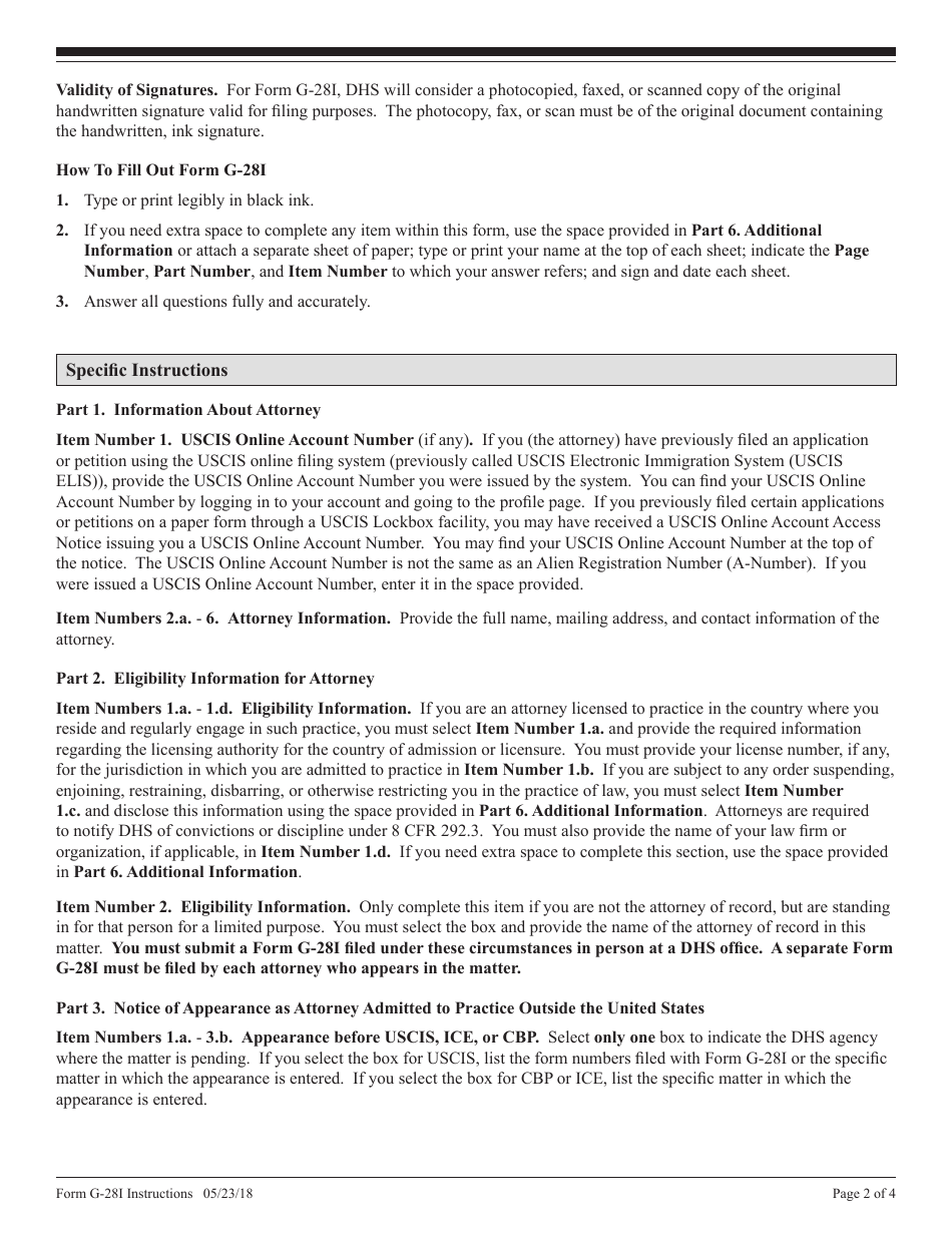 Instructions for DHS Form G-28I Notice of Entry of Appearance as Attorney in Matters Outside the Geographical Confines of the United States, Page 2