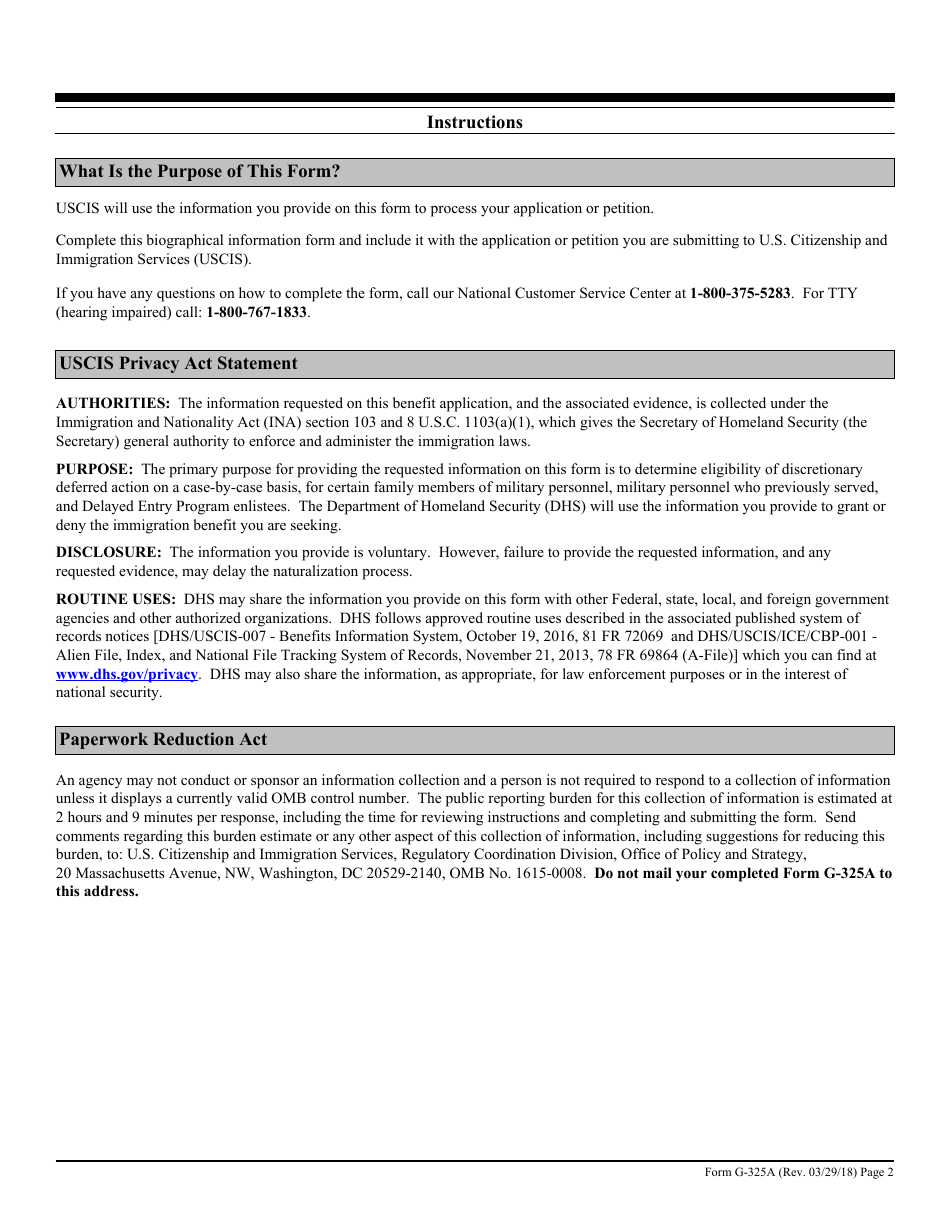 USCIS Form G-325A Biographic Information (For Deferred Action), Page 2
