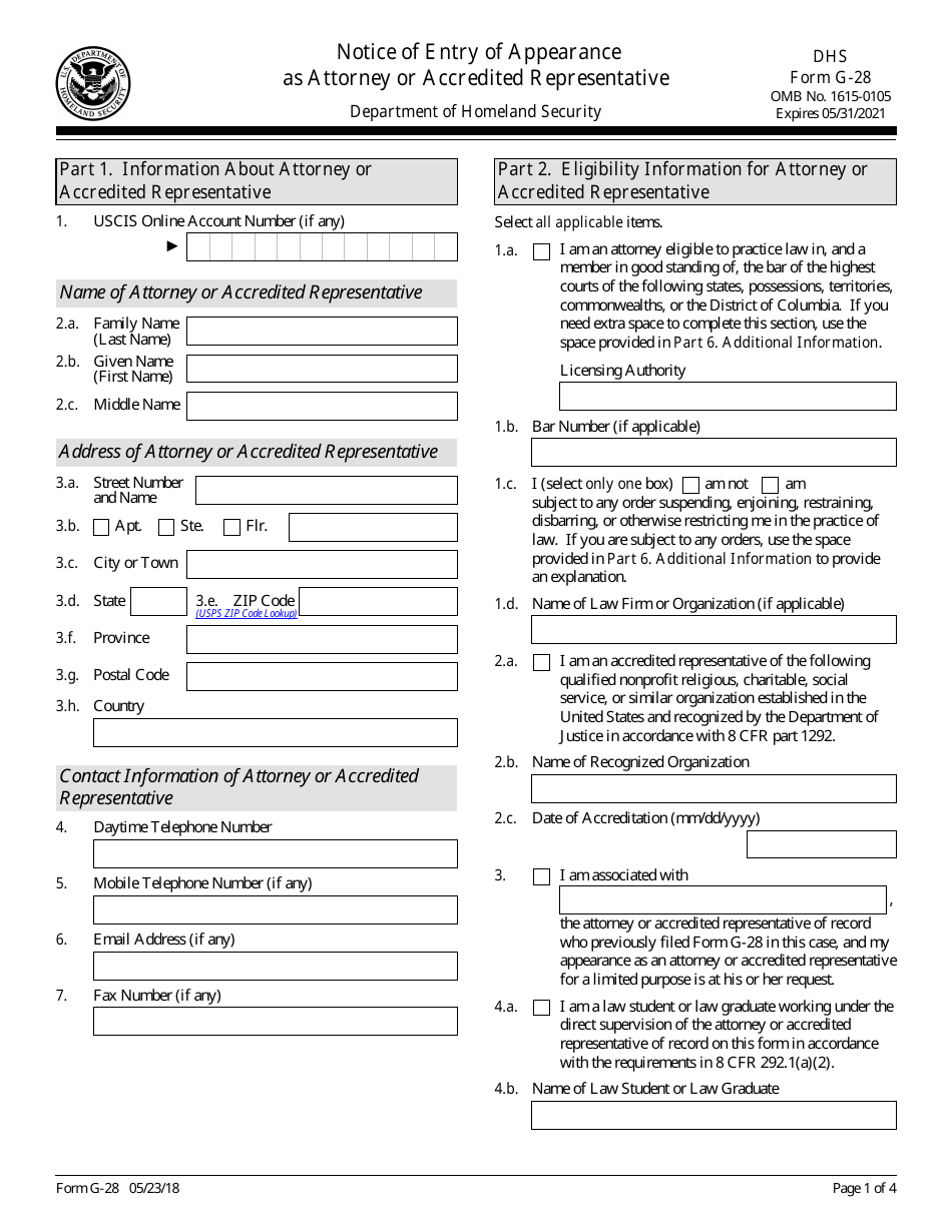 USCIS Form G-28 Notice of Entry of Appearance as Attorney or Accredited Representative, Page 1