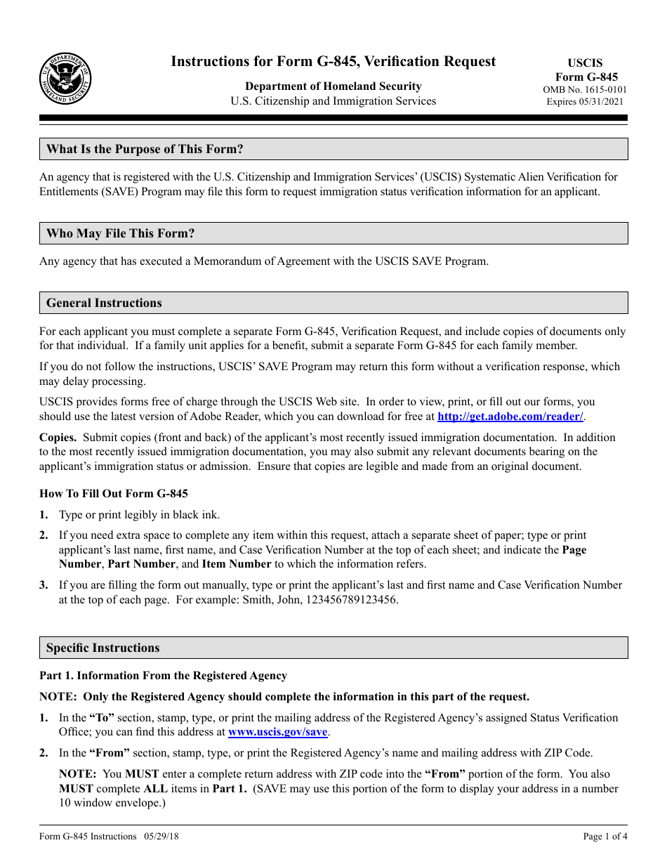 Instructions for USCIS Form G-845 Verification Request, Page 1