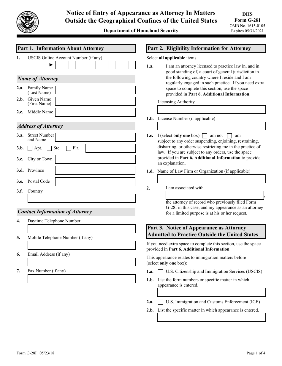 USCIS Form G-28I Notice of Entry of Appearance as Attorney in Matters Outside the Geographical Confines of the United States, Page 1