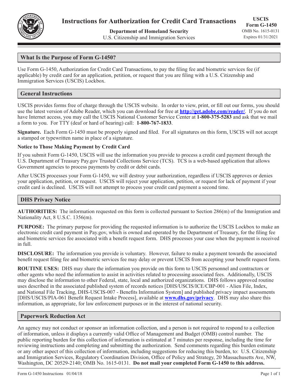 Instructions for USCIS Form G-1450 Authorization for Credit Card Transactions, Page 1
