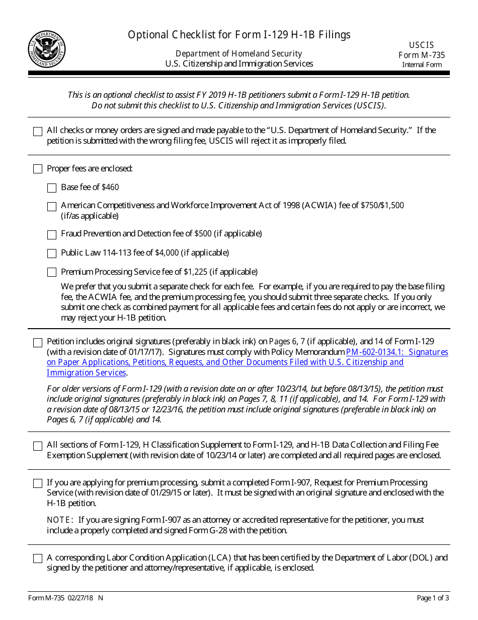 USCIS Form M-735 Optional Checklist for Form I-129 - H-1b Filings, Page 1
