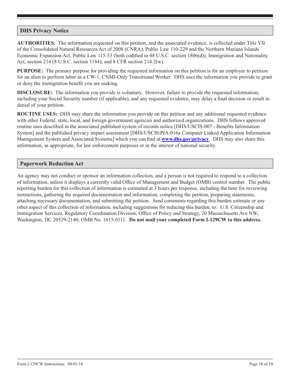 Instructions for USCIS Form I-129CW Petition for a CNMI-Only Nonimmigrant Transitional Worker, Page 10