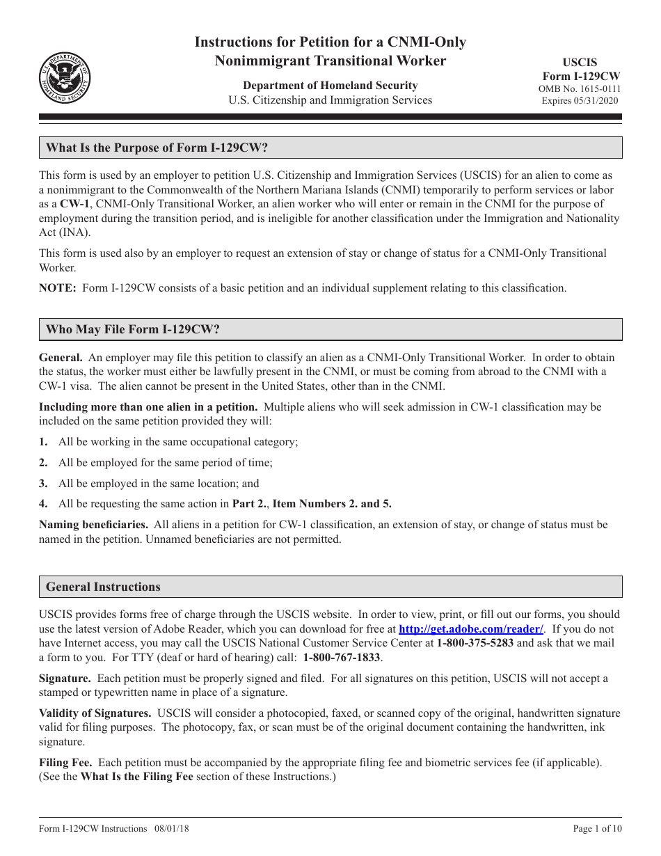 Instructions for USCIS Form I-129CW Petition for a CNMI-Only Nonimmigrant Transitional Worker, Page 1