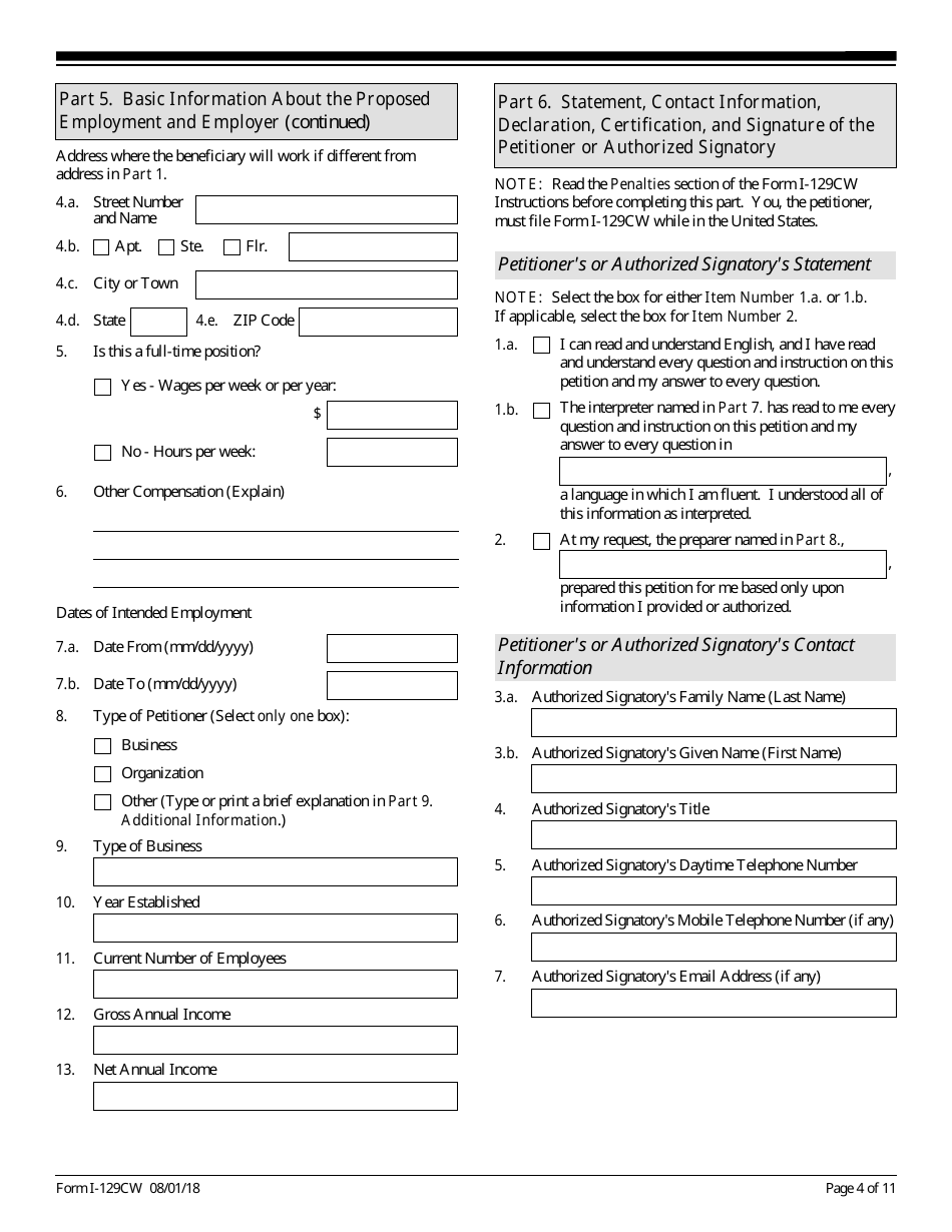 USCIS Form I-129CW Petition for a CNMI-Only Nonimmigrant Transitional Worker, Page 4