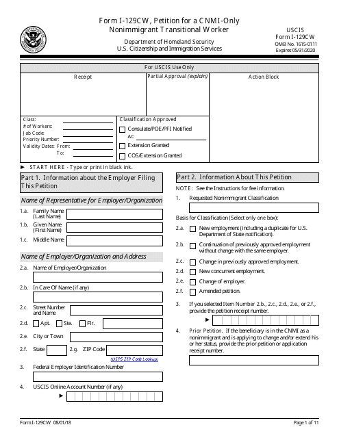 USCIS Form I-129CW  Printable Pdf