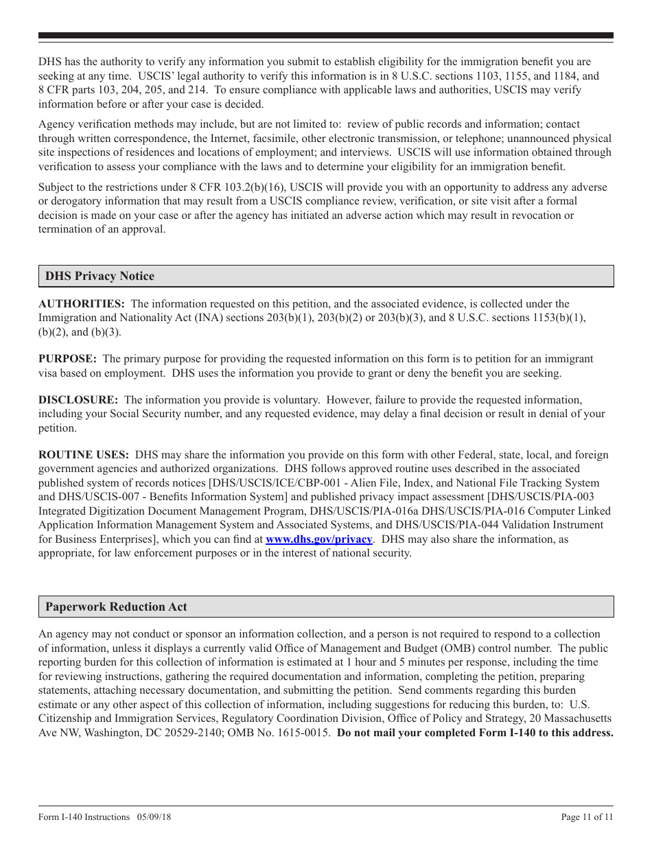 Instructions for USCIS Form I-140 Petition for Alien Workers, Page 11